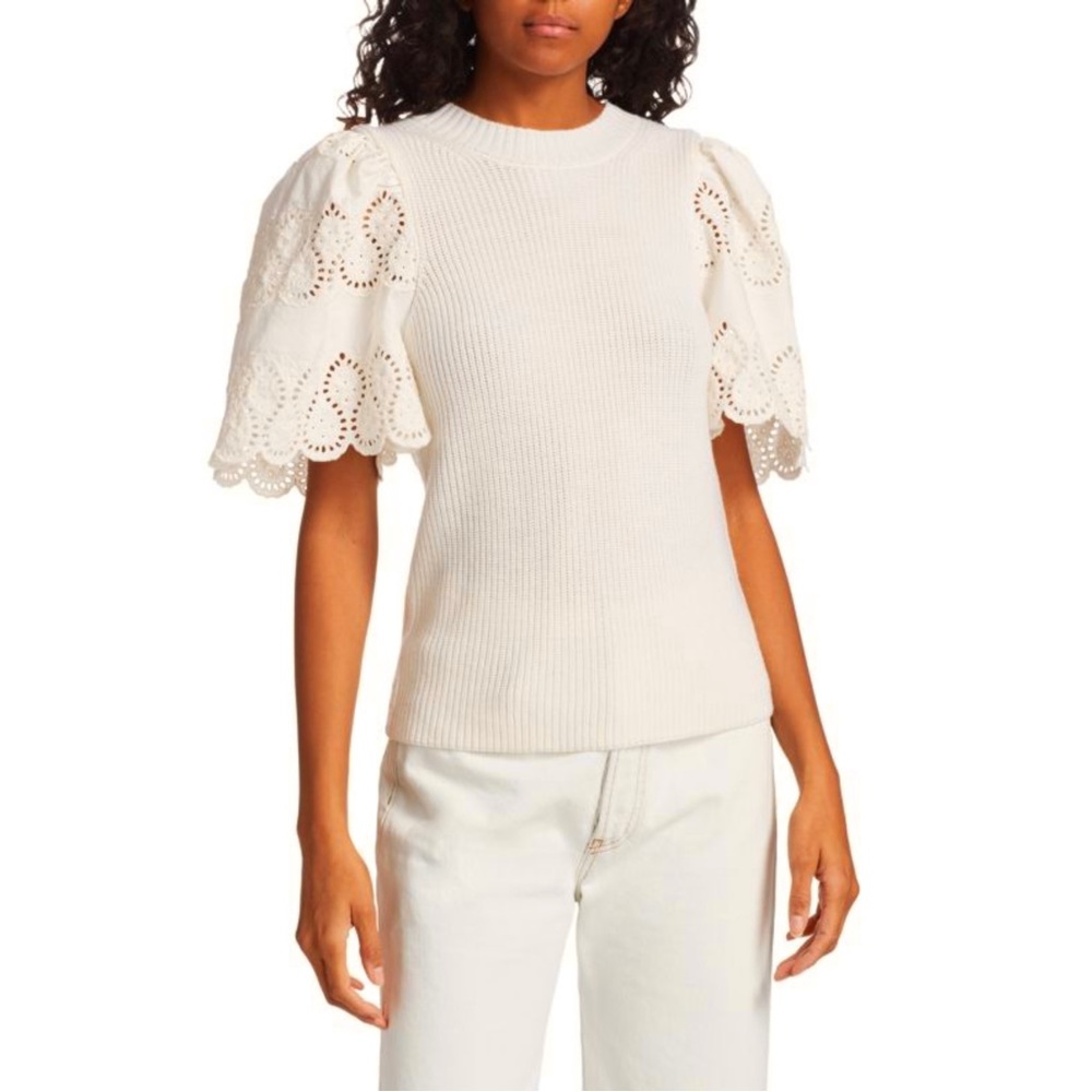 Sea New York Nadene Eyelet Cream Wool Knit Sweater Shirt Top White Short Sleeve